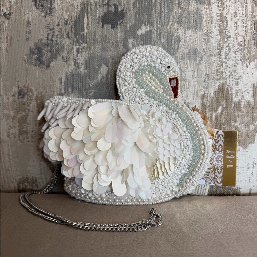 White and Cream Beaded Sequins Swan Bag - Crossbody Purse